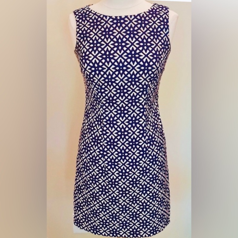 Alyx Blue Tan Mod Geometric Pattern SZ 4 Contemporary Retro Smart Dinner Dress